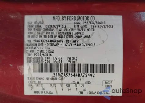 2004 Ford Freestar Ses z USA, uszkodzony, nr VIN 2FMZA57644BA72492